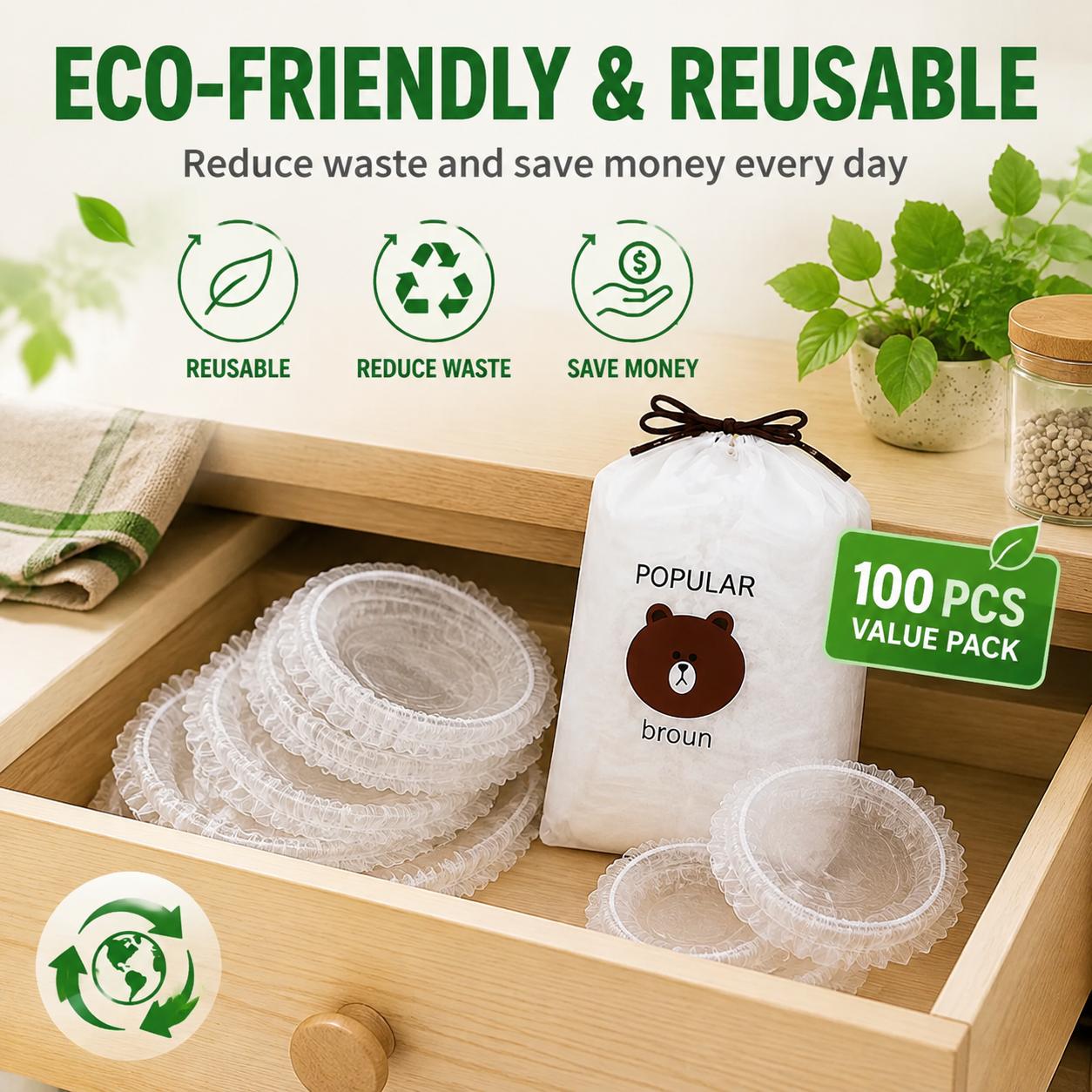 100 PCS Elastic Disposable Food Covers Set - Food-Grade PE Stretch Lids Utensils for Bowls, Plates, Leftovers, Fruit Preservation - Reusable Plastic Wrap Alternative for Kitchen Refrigerator Containers, Daily Use
