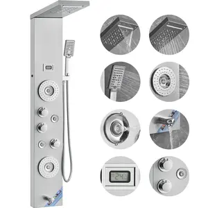 Shower Panel System With 6 Shower Modes, LED Display, Panel Tower, Rainfall And Waterfall Shower, 4 Body Massage Jets, Tub Spout, Handheld Shower Head With 59-Inch Hose, Stainless Steel Wall-Mounted Shower Set