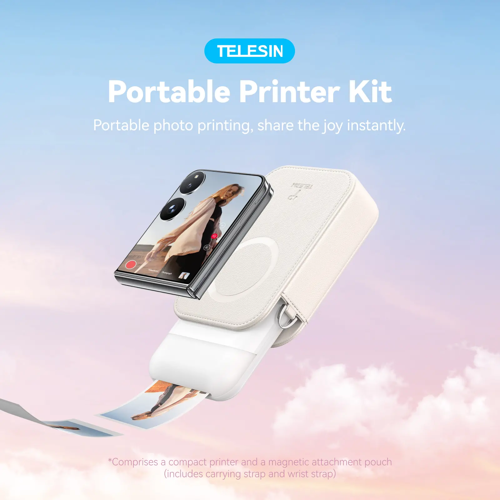 TELESIN Instant Camera Kit – Bluetooth Pocket Photo Printer with Magnetic Case, ZINK Inkless Printing, Adhesive Photos, Works with Foldable Phones, Perfect On-the-Go Gift for Moms