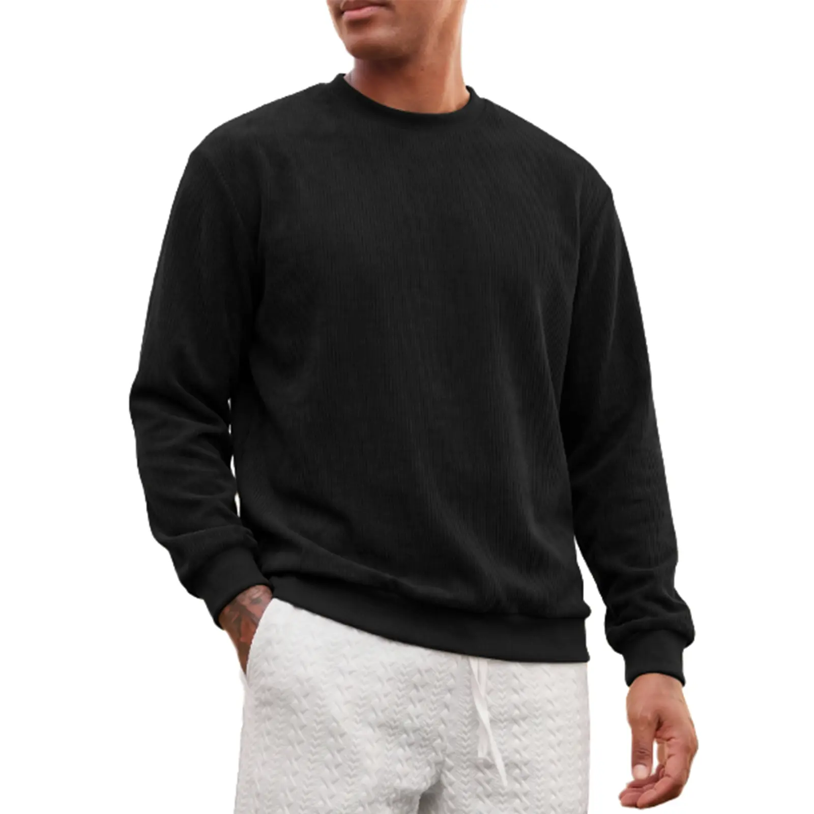 JMIERR Men Loose Fit Vertical Ribbed Crewneck Sweatshirt, Fleece Lined Warm Long Sleeve Pullover for Fall Winter Casual Wear