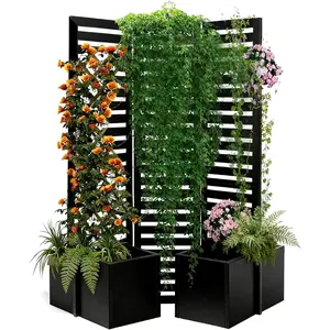 3-Panel Freestanding Metal Privacy Screen with 4 Built-in Raised Planter Boxes – Outdoor Slat Trellis Garden Divider for Patio, Deck, or Backyard, Weatherproof Room Partition, 51x70x28 Inch