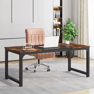 LITTLE TREE Modern Computer Desk, 63 x 31.5 inch Large Office Desk Computer Table Study Writing Desk Workstation for Home Office, Vintage Black Metal Frame