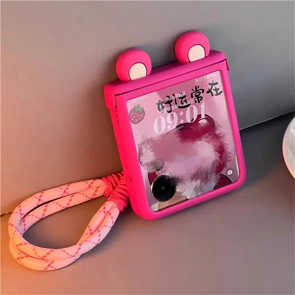 Blush Pink Cartoon Bear Ear Phone Wristlet Case with Mobile Phone Straps & Charms, Cellphone Accessories for Samsung Galaxy Z Flip 3/4/5/6/7 & Motorola Razr 40 Ultra/50/60