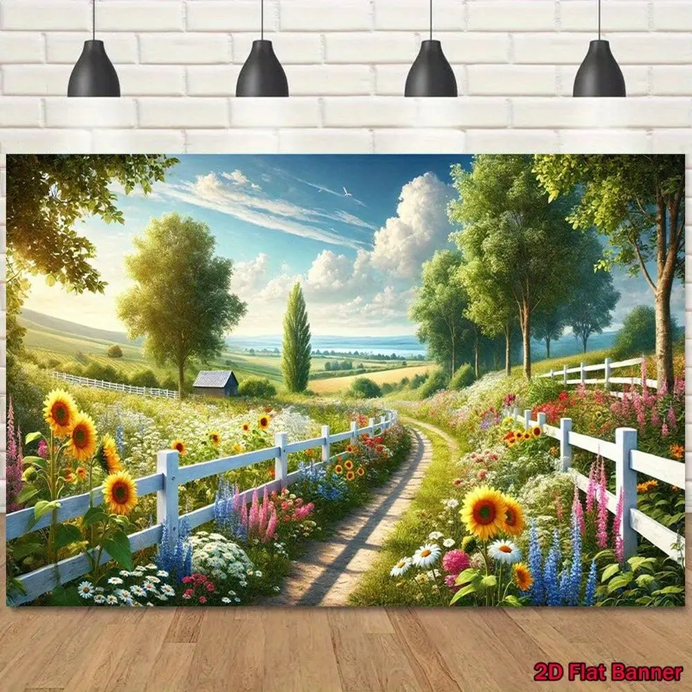 2D Flat 8x6ft Countryside Photography Backdrop - Winding Path, Wildflowers, Sunflowers Scenic Wall Hanging Backdrop, All-Season Polyester, Indoor/Outdoor Use, Birthday Party Decorations Banners,summerwins