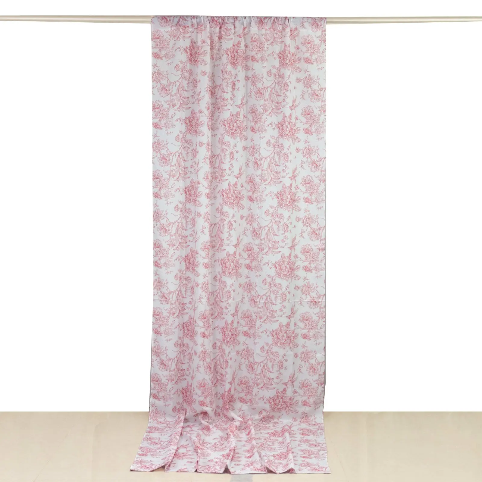 French Toile Polyester Backdrop Curtain Panel, Pink Floral 5ft x 12ft Rod Pocket Curtain Panel for Home Decoration, Curtain Panels, Home Decoration Curtain
