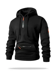 Men's Fall Winter Hooded Sweatshirt, Casual Loose-Fit Half-Zip Pullover with Zipper Pocket Design, Comfortable Daily Wear Knit