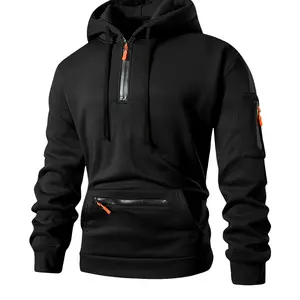 Men's Fall Winter Hooded Sweatshirt, Casual Loose-Fit Half-Zip Pullover with Zipper Pocket Design, Comfortable Daily Wear