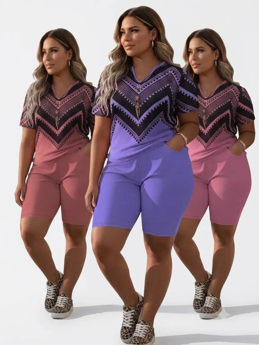 Trendy Plus Size Bohemian 2-Piece Short Set Geometric V-Neck Tee & Elastic Waist Pocket Shorts Summer Matching Outfit