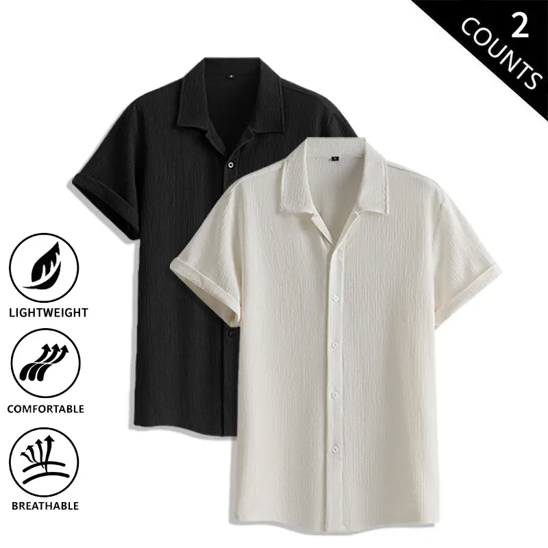 2-Pack Men’s Short Sleeve Shirts for Summer – Ice Silk, Wrinkled Texture, Breathable, Loose Casual Fit, Cuban Collar