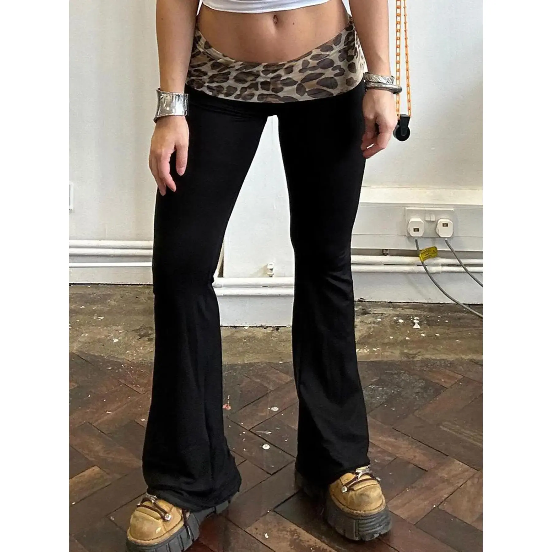 Women's Leopard Patchwork Print Drop Waist Flare Leg Pants - Casual Comfy Bell Bottom Trousers, Machine Washable, Standard Sizes, Fall & Winter Daily Lounge Bottoms