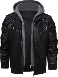 Men's Faux Leather Jacket Waterproof Windproof PU Moto Vintage Bomber Hoodie with Removable Hood for Motorcycle Riders