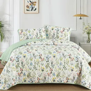 Floral Set Queen Size,3 Pieces Flower Parrten Bedspread Coverlet,Style Soft Lightweight Micorfiber Bedding Set with 2 Pillowcases for All Seaaon.(96"*90",Green)