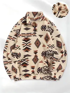 Men's Trendy Stand Collar Half Zip Lamb Fur Sweatshirt Long Sleeve, Vintage Totem Casual Style, Ethnic Symbol Irregular Pattern, Perfect Daily Choice