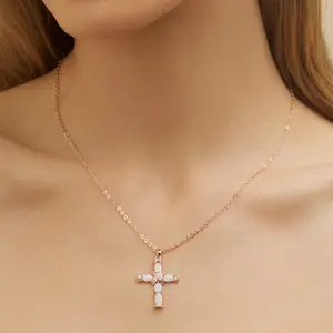 Barzel 18K Gold Plated Lab-Created Opal Cross Necklace Pendant, 18 Inches with 2 Inches Extension