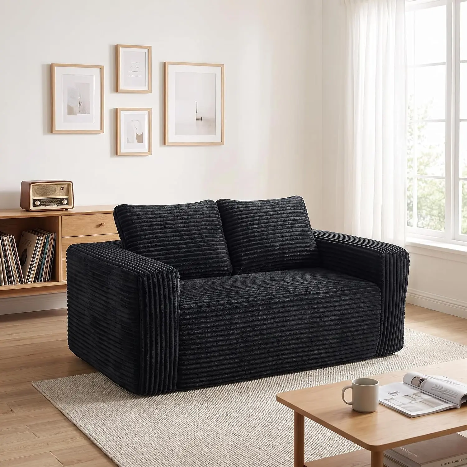 63" Frameless Compressed Loveseat｜Premium Corduroy Couch with High‑Density Sponge, No‑Assembly for Bedroom, Office & Small Spaces，Black