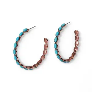 Women's Western Turquoise Hoop Earrings - Copper-Coated Metal, Turquoise Beads, Western Charm Statement Piece, Bold Costume Jewelry for Everyday Wear