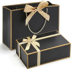 Black Gold Magnetic Gift Box Set 9.5x6x3" with Lid, Ribbon and Gift Bag for Gifts and Keepsakes