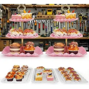 Elegant Dessert Stand Set with Trays, Pink Party Display Stand for Wedding Baby Shower Tea Party, Reusable Treat Table Decor, Easy to Clean and Assemble, Versatile Serving Tray for Desserts Snacks