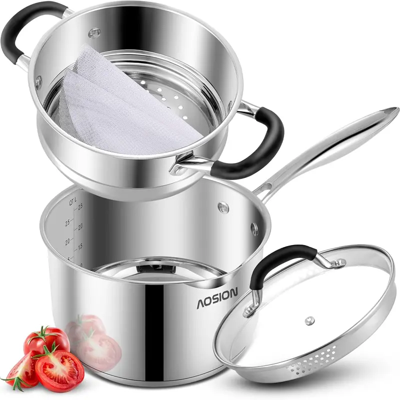 Stainless Steel Saucepan with Steamer Basket,Small Pots for Cooking,Steamer Pan with Pour Spout,Strainer Glass Lid,Perfect For Vegetables Boiling Gravies,Pasta,Noodles