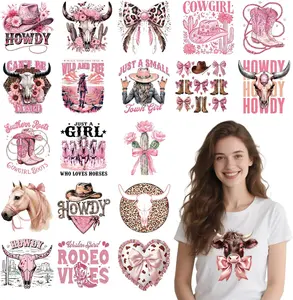 Dtf Transfers Ready to Press - 20 count Western Cowgirl Iron on Patches for T-Shirts, Pink Coquete Bow Heat Transfer Designs Vinyl Stickers for Women, Iron on Decals for DIY Clothes Bags