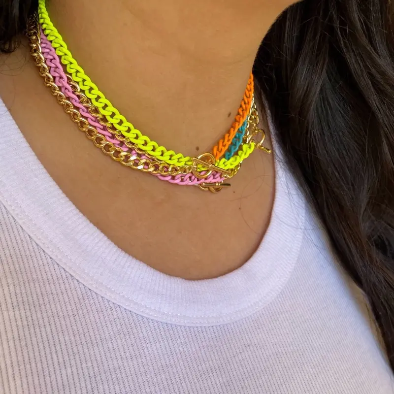 Neon Enamel Chain Necklace, Cuban Link Half Enamel Necklace, Layered Necklaces, Neon Trendy Chain Necklace