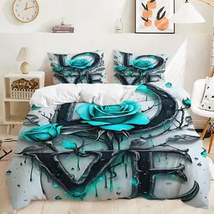 2/3Pcs Stylish Black 'Love' Letter Duvet Cover Set, Glossy Metallic Bedding Set with Turquoise Floral Design, Artistic and Romantic Bedroom Decor, Perfect for a Modern Aesthetic，Includes 1 or 2 Pillowcase - No filling/Zipper Closure
