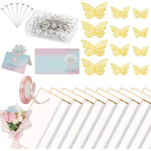 20 Sheets Waterproof Flower Bouquet Wrapping Paper with 10 Greeting Cards, 12PCS 3D Gold Butterfly Decor, 50 Pearl Pins, 24Yards Satin Ribbon for Wedding DIY Craft Birthday