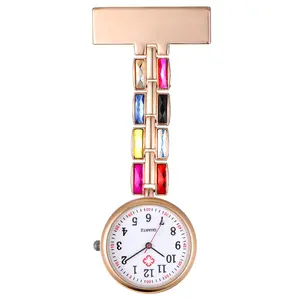 OIDEA Colorful Crystal Brooch Nurse Watch for Women, Rose Gold Tone, Arabic Numeral Dial, Custom Name, 2 Variants, 1ATM