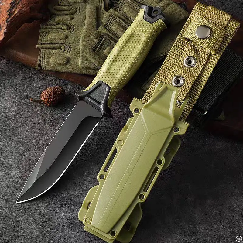 Full Tang Fixed Blade Knife - 11.4cm Heavy-Duty Tactical Bushcrafting Camping Tool, Nylon Handle, Tactical Look for Men, Durable Green Sheath, Outdoor Survival Gear, Knives, Straight Edger, Camping Tools, Secure Sheath, Youth, Tactical Accessories