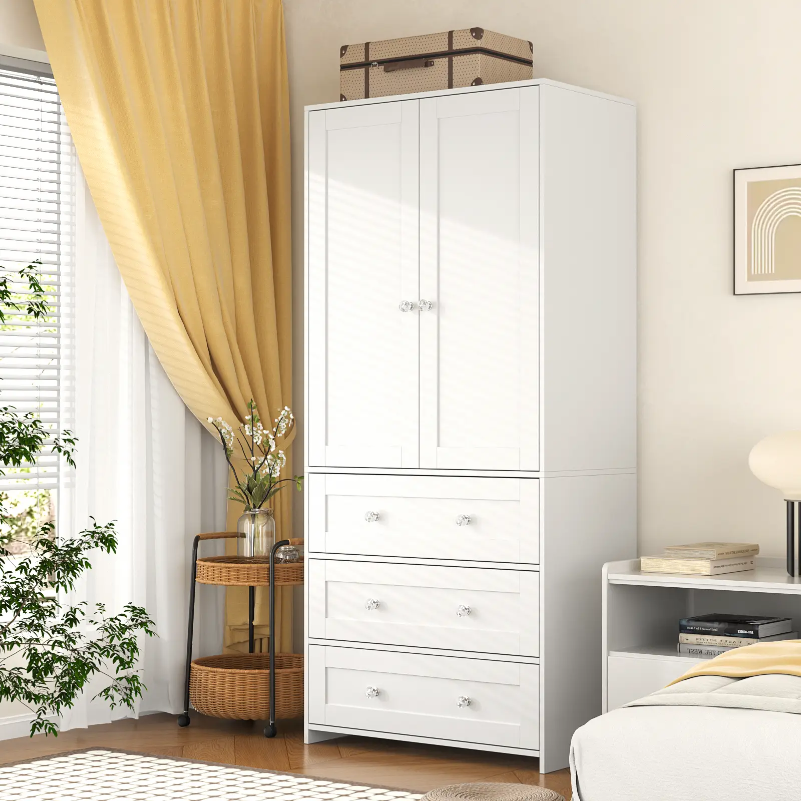 VOWNER Wooden Freestanding Wardrobe, 71" High Solid Wooden Bedroom Wardrobe with 2 Doors and 3 Drawers, With Hanging Rod, Bedroom, Living Room, White
