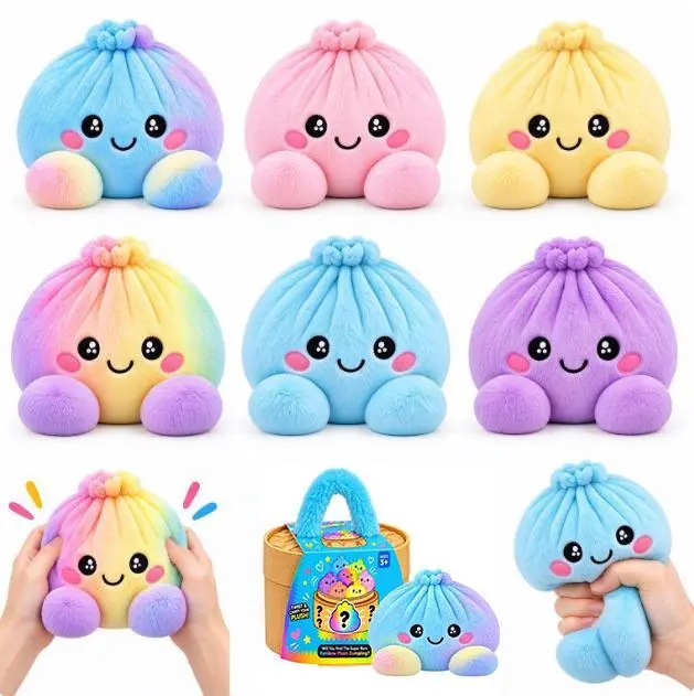 Cute Plush Stuffed Dumpling Ornament with Storage Steamer Basket, Big Rainbow Surprise Decor, Home Decoration, Christmas Gift Idea.