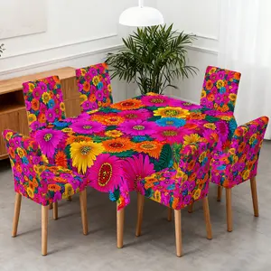 4/5/6/7pcs Vibrant Floral Explosion Chair Cover And Tablecloth Set, Easy Clean & Care, Fits Living Room, Home Decor, Restaurant Decor, Camping, Parties, Stylish Decor, Gifting
