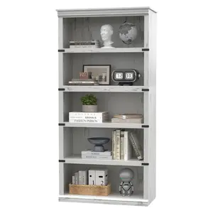 Garvee 67.4" Tall Wooden 5-Tier Bookcase with Modern Wide Storage Space and Anti-Tip Kit, Farmhouse Style Floor Standing Display Shelf for Living Room/Bedroom/Office, Antique White