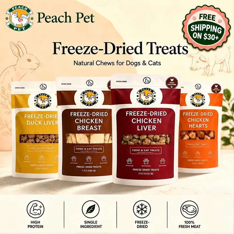 Peach Pet 4-Pack (3.5oz Each) Freeze-Dried Treats for Cats & Dogs | Variety Pack | Chicken Breast, Chicken Liver, Chicken Heart & Duck Liver | All-Natural | High Protein