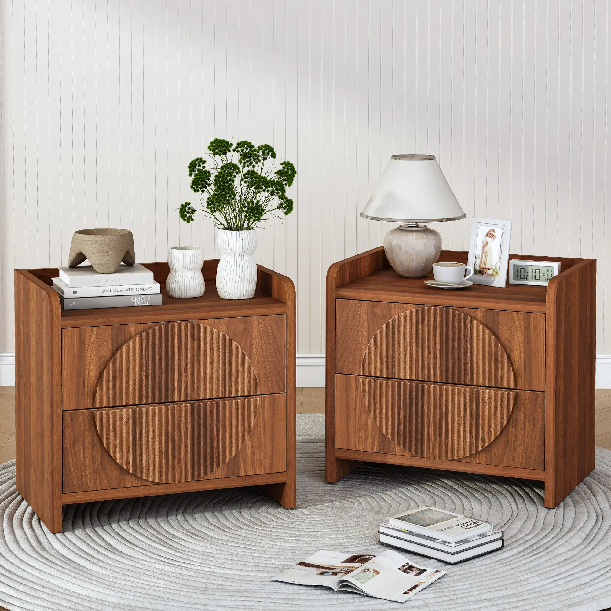 FurSch 24”Wide Mid-Century Modern Nightstand with Two Drawers, Sculpted Wood Bedside Table with Storage for Bedroom or Living Space