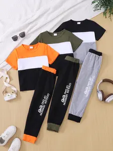 Boys 3 Piece Tracksuit Set Long Sleeve Patchwork T Shirt + Pants Summer Father‘s Day Kids Casual Outfit