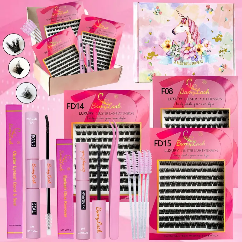 3-Box 3D Wispy Individual Cluster Lash Set - Ultra-Thick Volume, Curly Mixed Lengths - DIY Eyelash Extension Kit with Lash Bond, Seal, Remover, Applicator & Lash Brush - Everyday Eye Makeup, Gifts for Friends, Volume Lashes