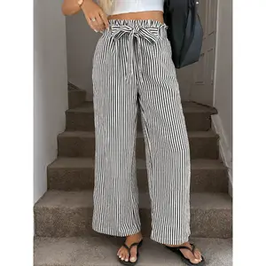 Summer women's striped casual pants, women's bottoms, wide leg loose pants, bohemian flowing pants, suitable for vacation and daily commutingRAIMENTRY