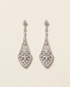 Anabella Art Deco Bridal Earrings – Long Cubic Zirconia Wedding Dangle Earrings