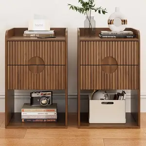 Fluted Nightstand Set of 2, Small Night Stand Table with Drawer, Wood Side Table with Storage, Boho Mid Century Modern Vintage Bedside Table, Walnut End Table for Bedroom