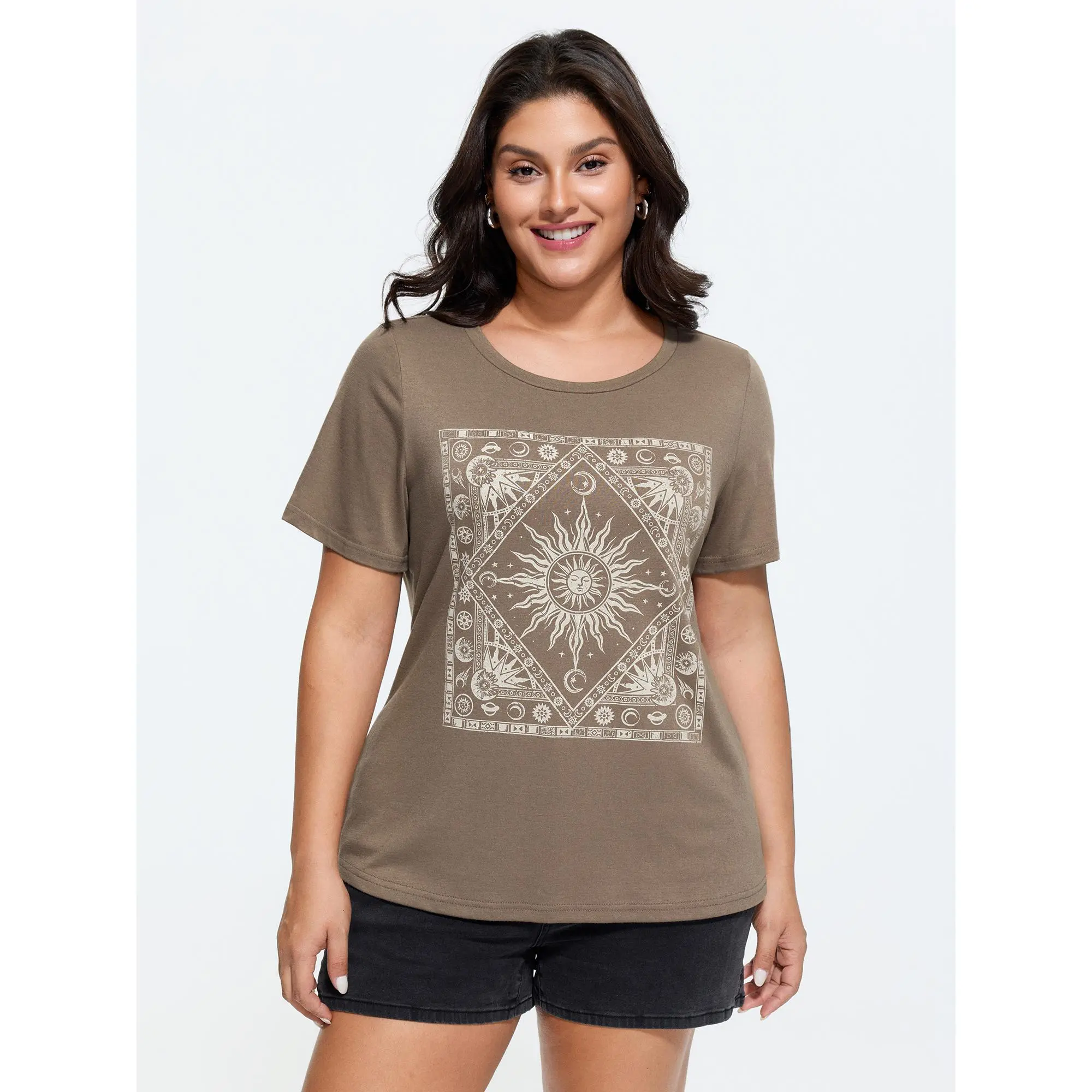 BloomChic Women's Plus Size Geometric Print Streetwear T-shirt, Supersoft Round Neck Short Sleeve Top in a Low Iron Rayon Elastane Blend, Tshirt, Casual, Basic, Lady, 22-24/3X, Do Not Tumble Dry, Machine Washable, Spandex, Garment, Comfy Casual