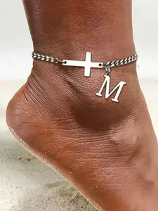 Fashion Letter Motifs Cross Pendant Anklet, Unisex Stainless Steel Chain, Casual All Season Foot Jewelry, Daily Wear Fashion Anklet