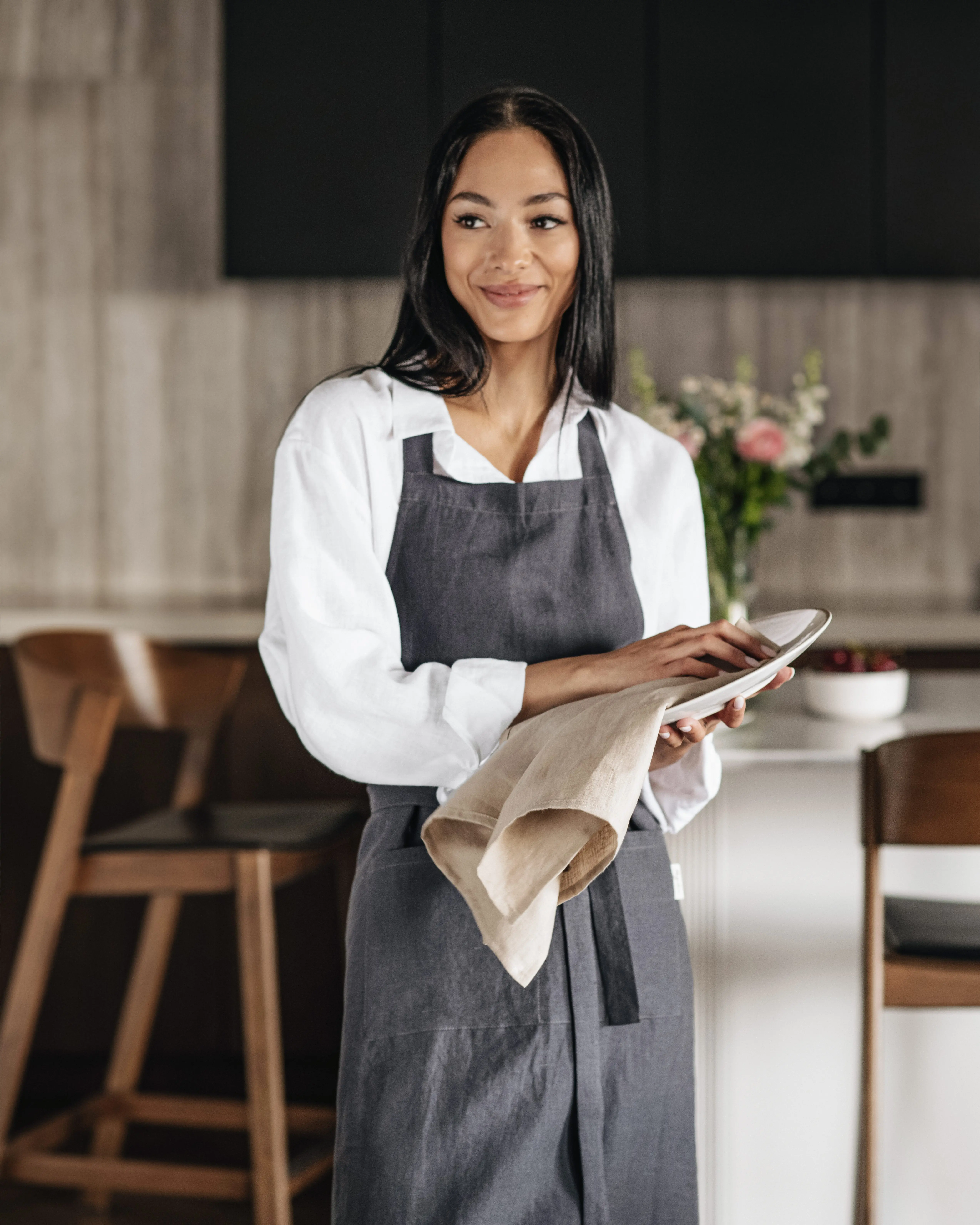 MagicLinen 100% Linen Apron for Women with Pockets - Stylish Charcoal Gray Kitchen Apron for Baking - One Size Fits All - Comfortable & Functional Cooking Apron