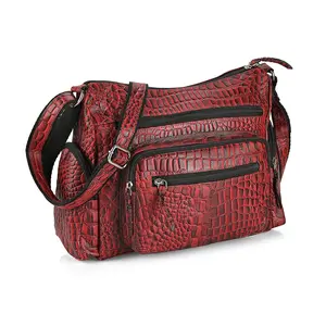 La Marey Red Croco Genuine Leather Multi Pocket Sling Crossbody Bag with Front Pocket