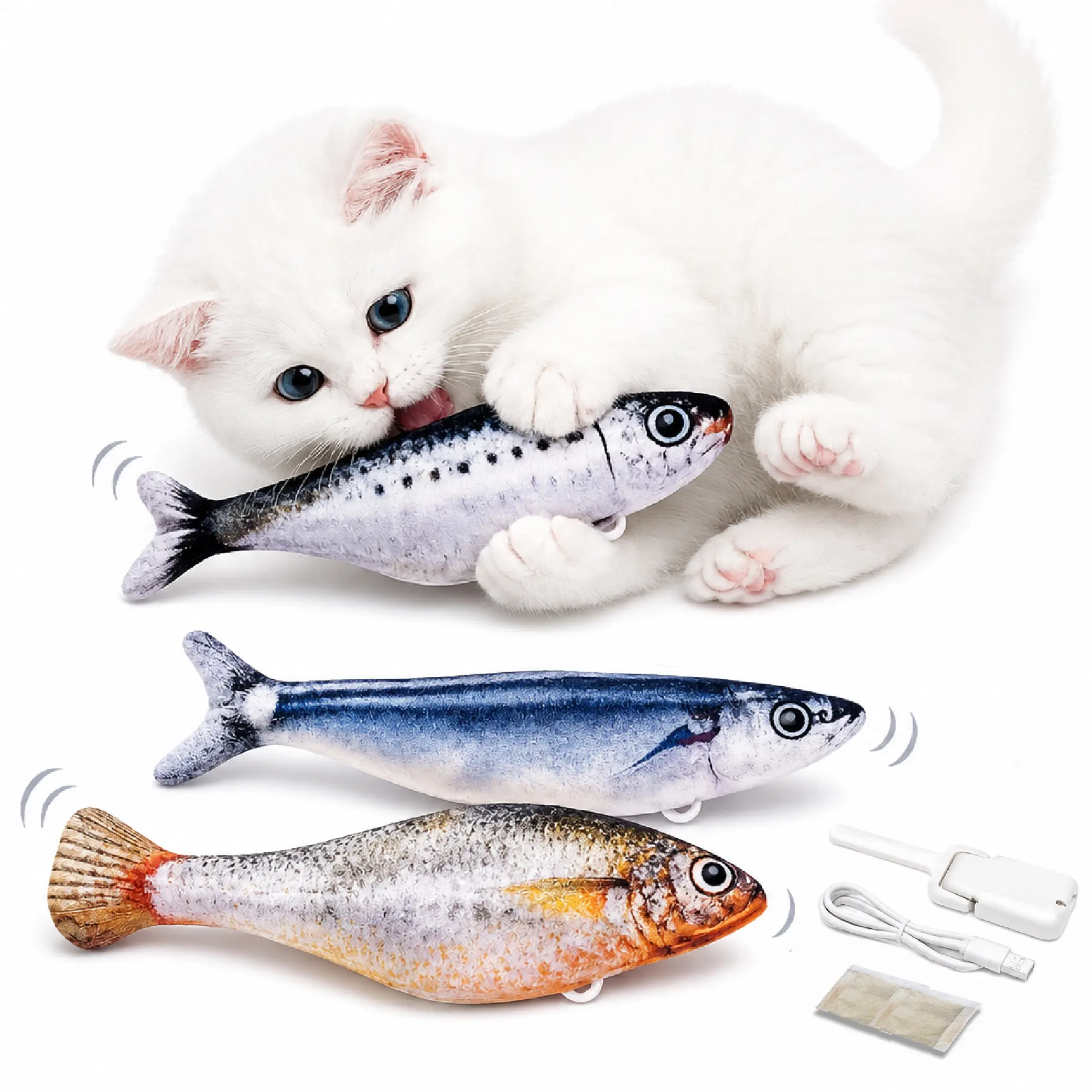 Moving Fish Cat Toys, Interactive USB Rechargeable Motion Activated Flopping Toy. For indoor, Catnip Toys, Cat Kicker, Boredom Relief, Automatic Cat toy, 3 Pack
