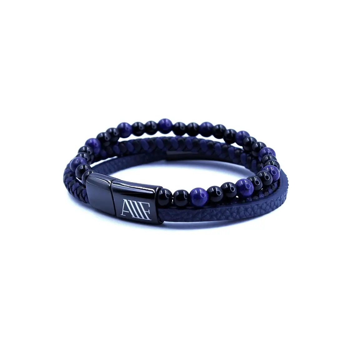 PACIFIC Blue and Black Leather and Stones Bracelet - Width: 6.5 cm