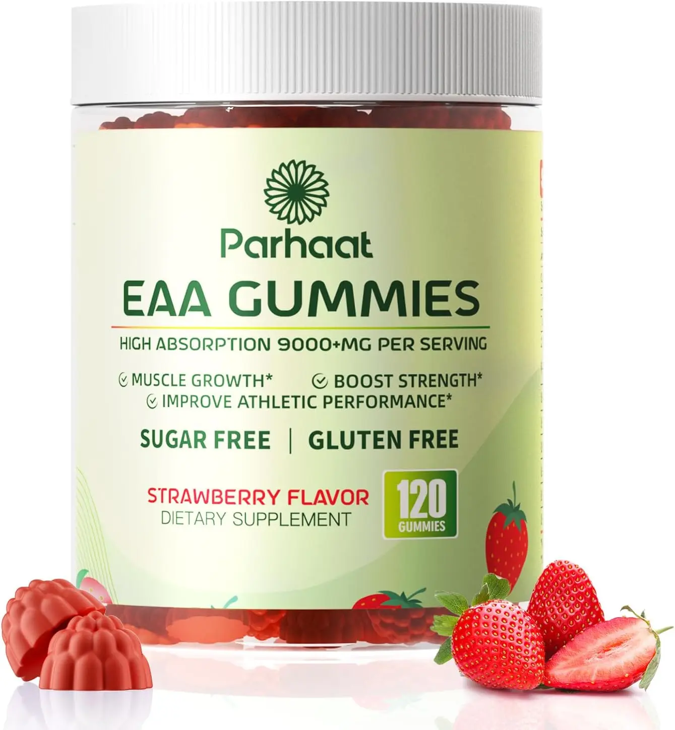 Essential Amino Acids EAA Gummies with All 9 Essential Aminos and Branched Chain BCAAs Muscle Recovery Growth Strength Workout Supplement Non GMO Gluten Free Vegetarian Friendly Chewable Supplement Vitamins 120 Count Strawberry