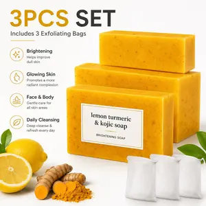 3 Count Lemon Turmeric Kojic Acid Soap Bars, Facial & Body Cleansing Bar for Dull Uneven Spots, Brightening Turmeric Kojic Soap to Boost Radiant Complexion