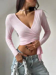 Ladies' Soft Pink V Neck Wrap Crop Top, Long Sleeve Tie Front Top For Spring and Summer Outfits & Weekend Hangouts, Chic