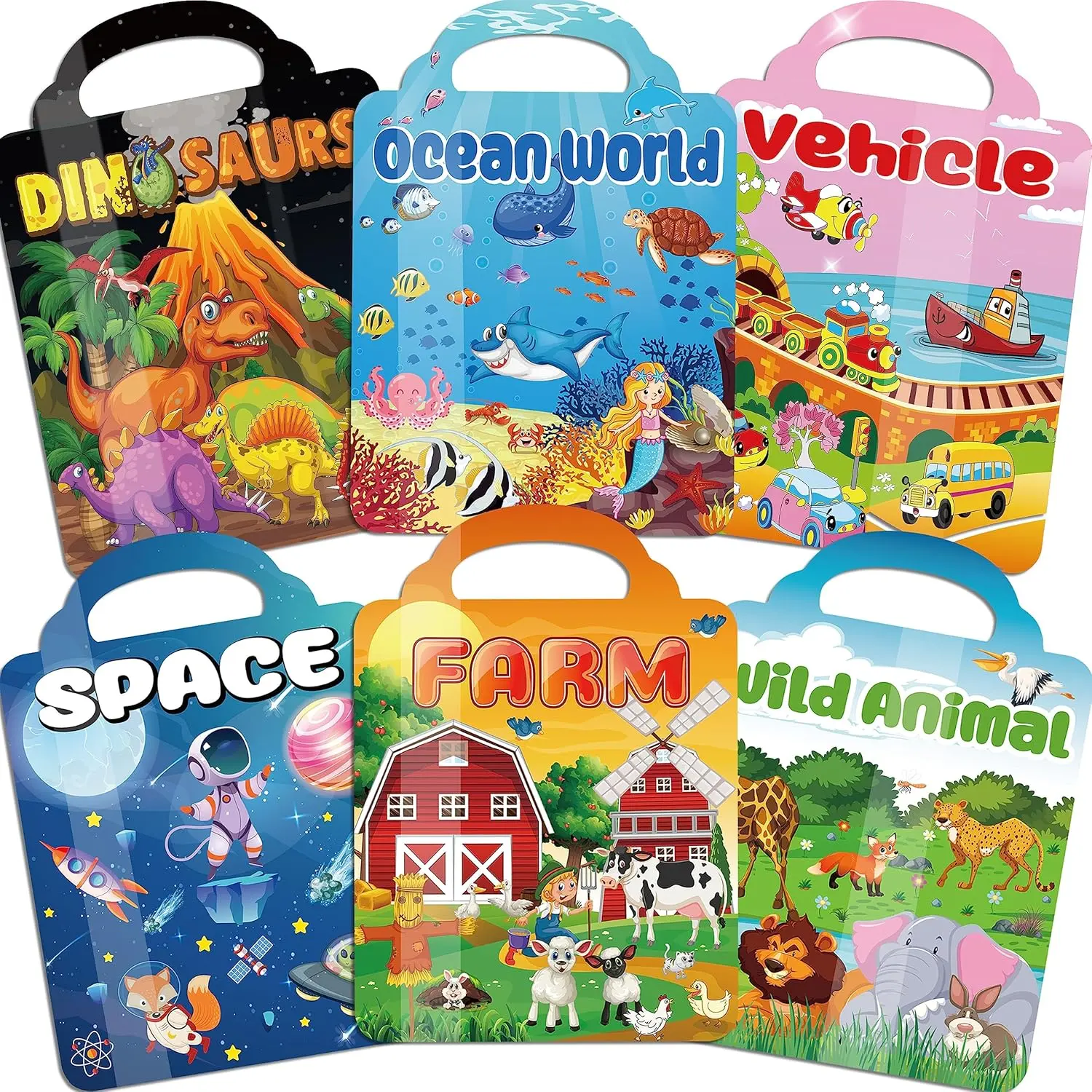 6Set Puffy Sticker Books for Kids 2-4 3D Reusable Stickers Books for Toddlers 1-3 2-4 Farm+Animal+Dinosaurs+Ocean World+Space+Vehicle